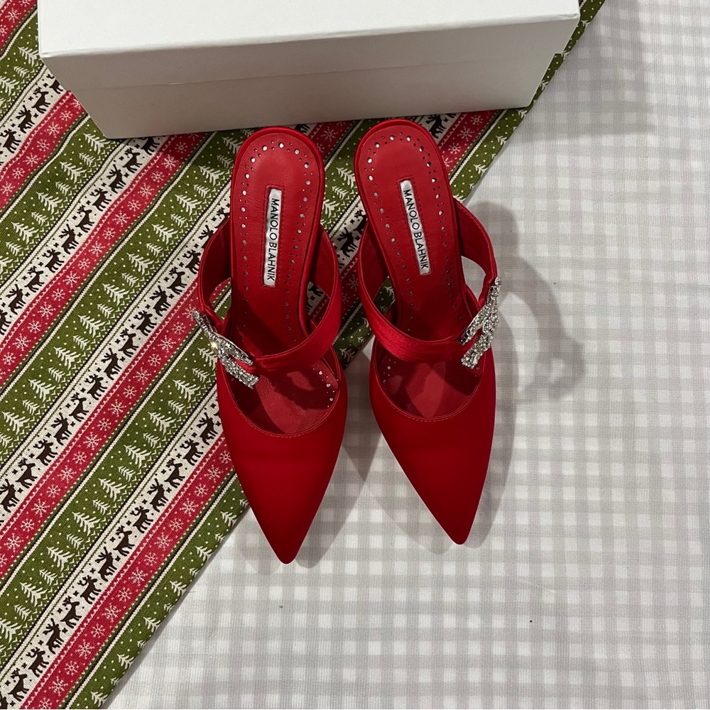 Manolo Blahnik Red Satin Pointed Mules with Crystal Buckle